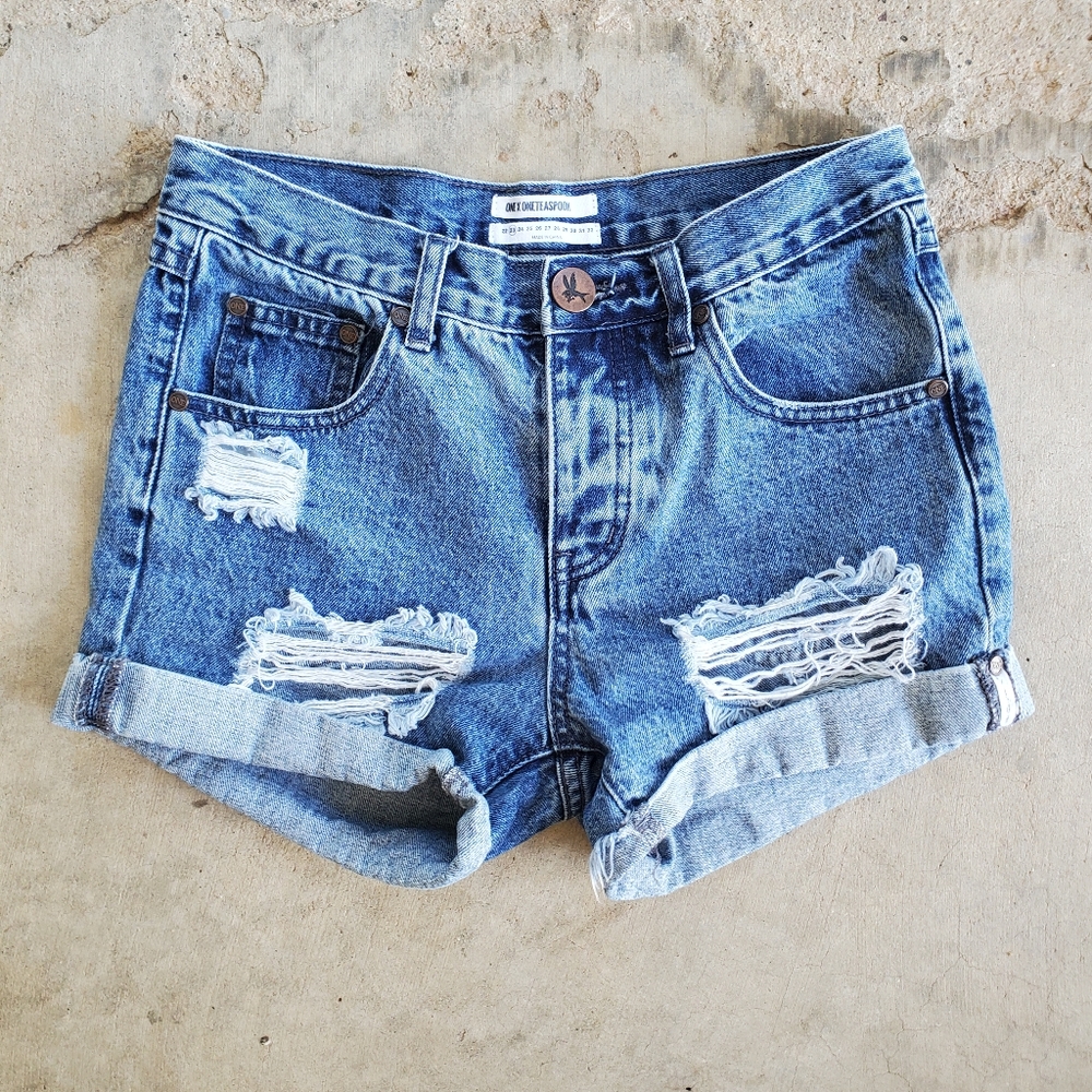 One Teaspoon Button Fly Faded Distressed Shredded Rolled Hem 100% Cotton sz 23